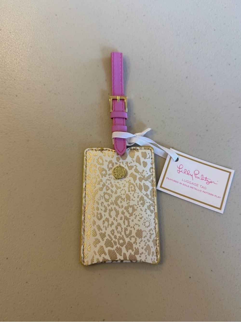 Lilly Pulitzer Gold Metallic Pattern Play Luggage Tag Pink NWT